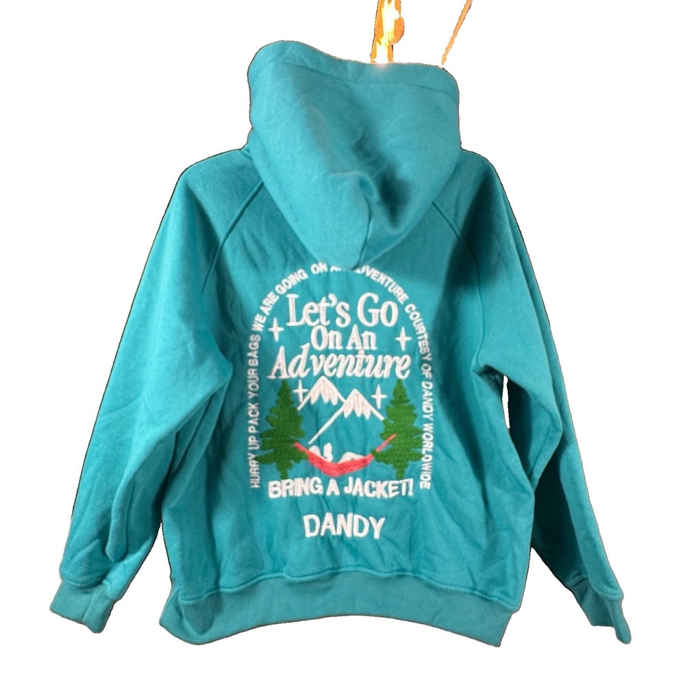 Dandy Worldwide Lets Go On Adventure Hoodie Teal Sweatshirt Large Embroidered